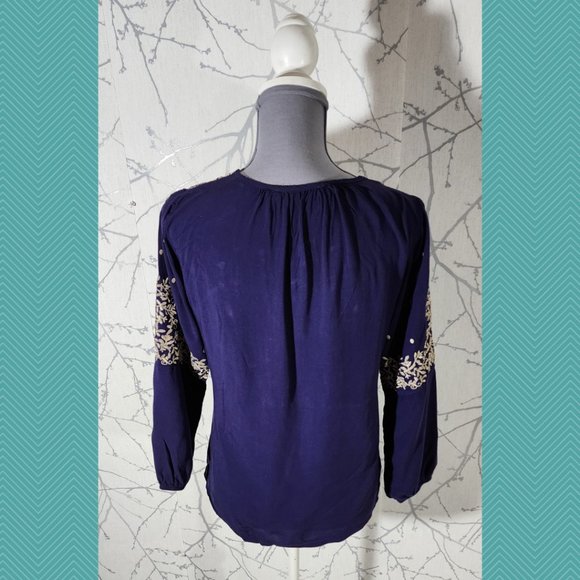 Solitaire Purple Gold Floral Embroidered Tie Front Peasant Blouse - Picture 4 of 5